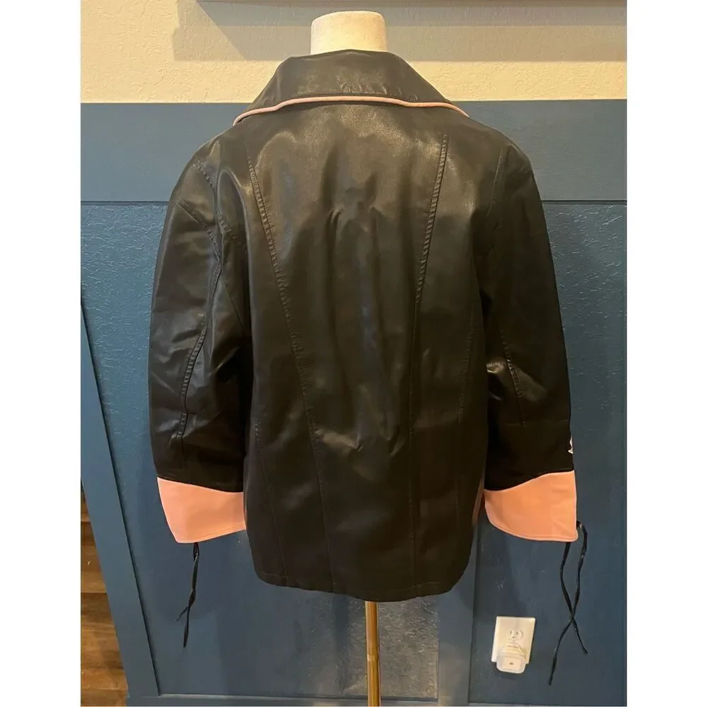 Maixang Oversized Faux Leather Embroidered Jackets Zip Up Motorcycle Coats